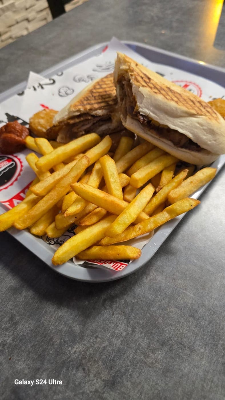 Panini grillé servi avec des frites